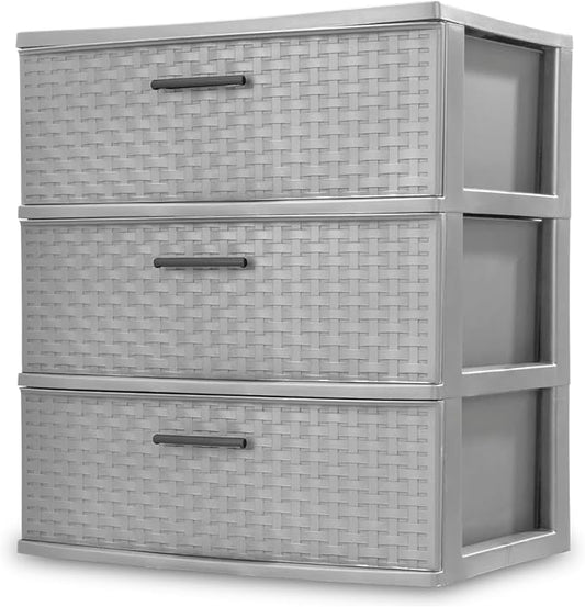 Sterilite 3 Drawer Wide Weave Storage Tower, Plastic Decorative Drawers to Organize Clothes in Bedroom, Closet, Gray with Gray Drawers, 1-Pack by Sterilite