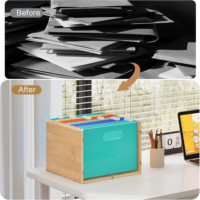 Sbanmao Hanging File Organizer, Clear Acrylic File Box Organizer, Bamboo Filing Box File Crate Organizer Storage Boxes, Portable Filing Folder with Handle for Letter Size - Image 7