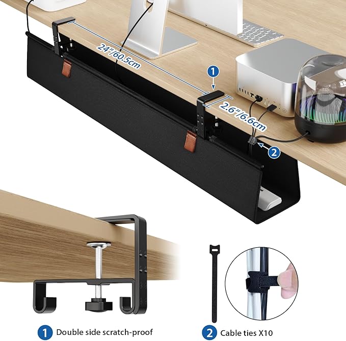 Zilink No Drill Under Desk Cable Management Tray 40" Cord Organizer for Table Clamp/Screw Mount Cable Management Under Desk Waterproof Fabric Cable Management Tray for Office, Home - Image 4