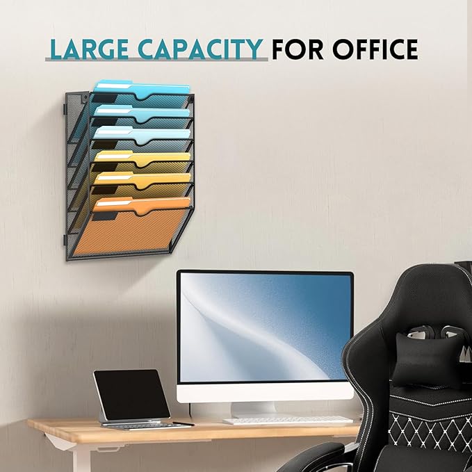 6 Tier Wall File Organizer, Hanging Wall Mounted Mail Organizer with Label Slots, Metal Mesh File Holder Magazine Rack for Office, Home, School or Classroom, Black, 2Pack - Image 5