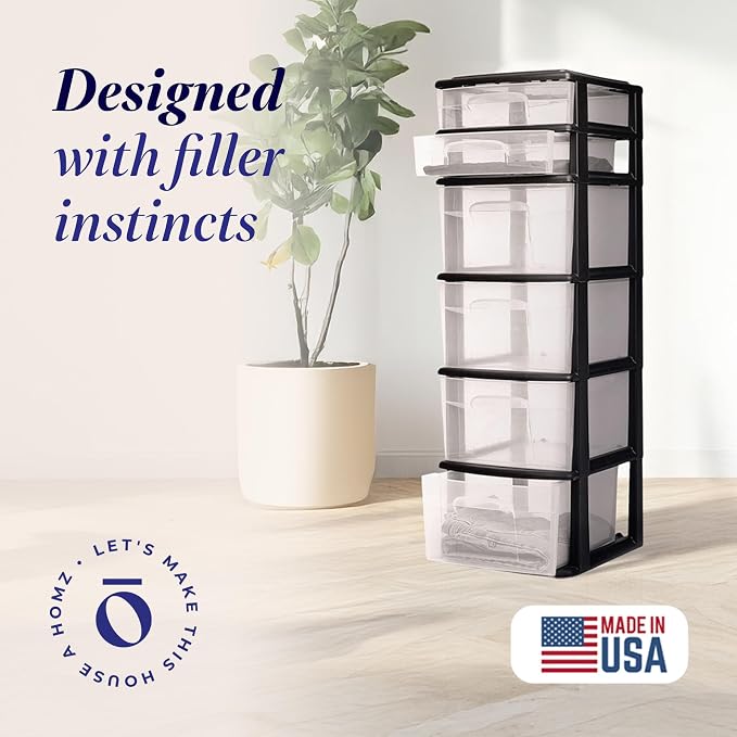 HOMZ Drawer Tower, 6-Tier Storage Cart with Removable Wheels, Black Frame | Plastic Organizer with Clear Bin Drawers for Bedroom, Bathroom, Home Office, and Dorm Rooms - Image 3