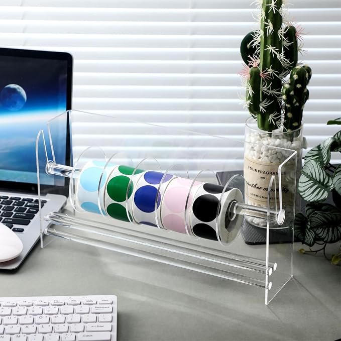 Qilery Adjustable Label Dispenser Acrylic Roll Sticker Dispenser Sticker Holder Organizer Label Stand for Holding Office Home Journal Business Use(9 Disks) - Image 3