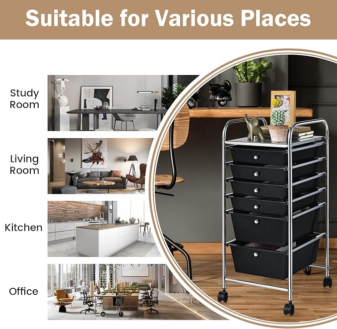 COSTWAY 6-Drawer Rolling Storage Cart, Art Craft Tools Organizer on Wheels | Multifunctional Heavy Duty Utility Mobile Storage Trolley w/ 2 Lockable Wheels for Home Office School (Black) - Image 7