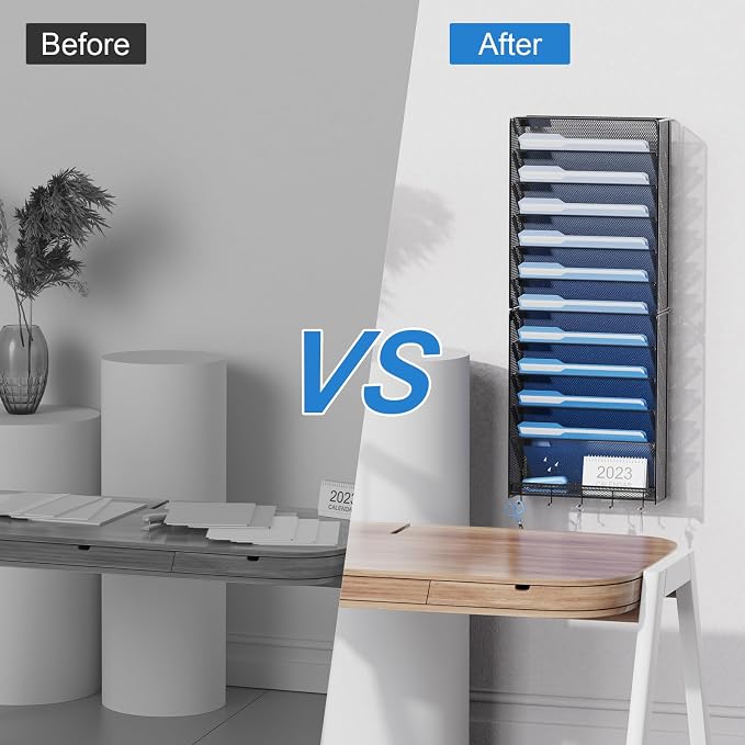 OUTWOLF Hanging Wall File Organizer with Hooks, 12 Tier Vertical Wall Mount File Holder, File Folder Wall Organizer for Office - Image 5