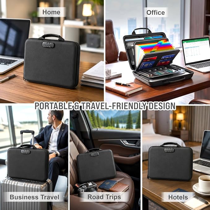 Fireproof Document Box with Lock & Waterproof Hard Shell File Organizer | Portable Safe Box with 13 Pocket Accordion File Folders, Home Office Travel Secure Storage Imp Documents Laptop & Valuables - Image 5