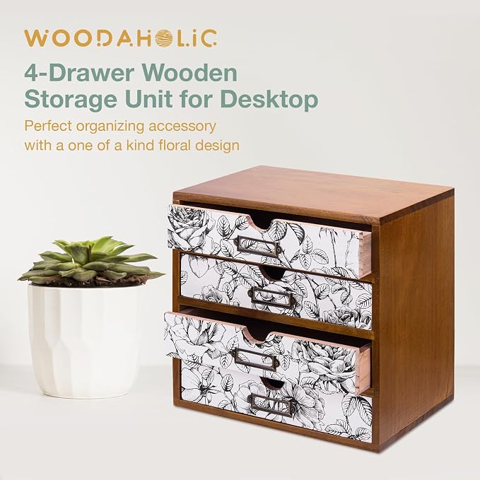 Vintage Desk Organizer with 4 Black & White Floral Drawers - Wooden Storage Shelf Drawer for Tabletop - Wood Desktop Organizing Box Cabinet - Black & White Monochrome Botanical Toile de Jouy - Image 9