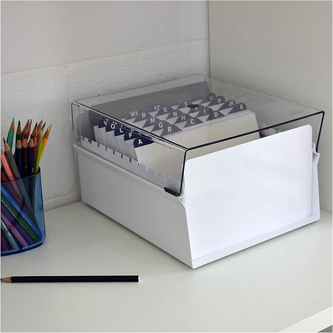 Acrimet 5 X 8 Card File Holder Organizer Box Metal Base Heavy Duty (AZ Index Cards and Divider Included) (White Color with Clear Crystal Plastic Lid Cover) | With A-Z Index & Non-Slip - Image 3