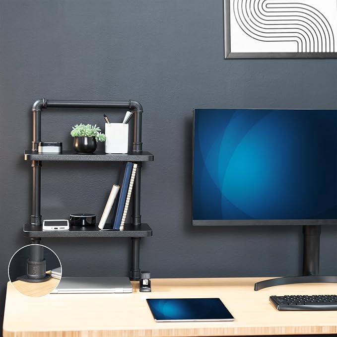 VIVO Clamp-on Premium 16 inch Industrial Pipe 2-Tier Tabletop Shelving, Heavy Duty Desk Extension Organizer, Modern Desktop Display Shelf, Black Shelves, DESK-SHELF16-2B - Image 9