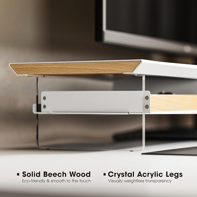 Fenge Dual Monitor Stand with Drawer, 42.5 Inch Large Monitor Riser with Acrylic Legs Supports, Computer Stand for Desk, 2 Tier Wood Desk Shelf with Storage Organizer for PC, Laptop, Printer, TV - Image 3
