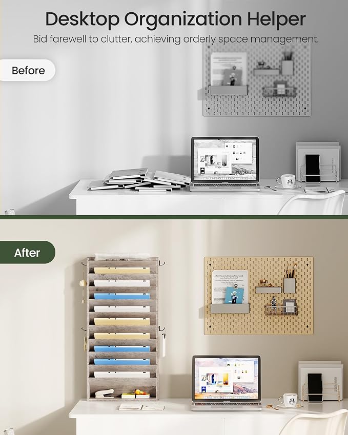 Wall File Organizer, 10-Tier Hanging Mail Organizer, Wall Mount File Holder with 4 Side Hooks, Industrial Mail and Storage Organizer, Wooden Vertical Hanging Holder for Office, Greige MWJ03FH - Image 8