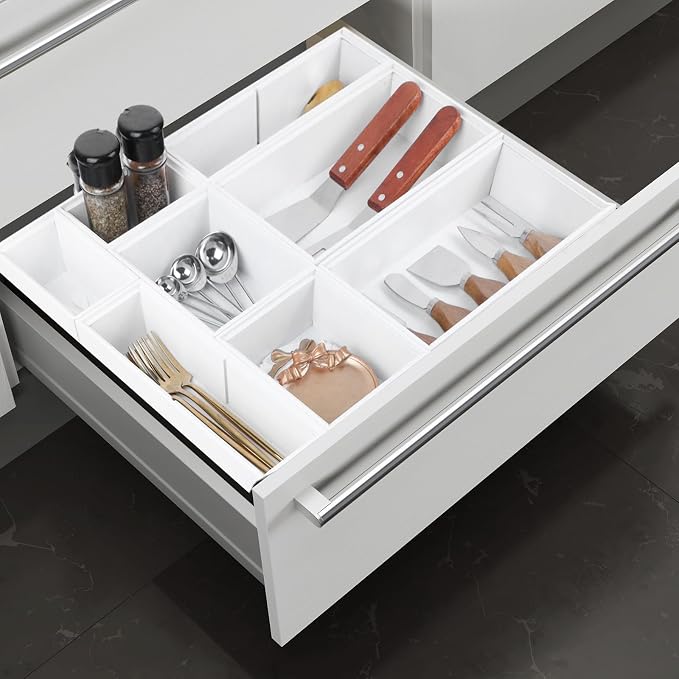 Bamboo Drawer Organizer Set, 8 PCS White Multi-Use Wood Drawer Storage Kitchen Boxes, Junk Drawer Organizer Divider Bins for Bathroom, Office Desk, Makeup, Jewelry, Utensils - Image 5