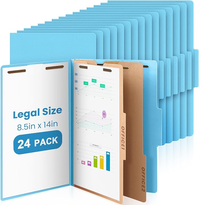 AmazingSpark 24 Pcs Legal Size Classification Folders 2 Divider, Bulk Pressboard File Folder with Expansion 2 Prongs Fastener Heavy Duty Office File Organizer for School Hospitals Home(Light Blue) by Unknown