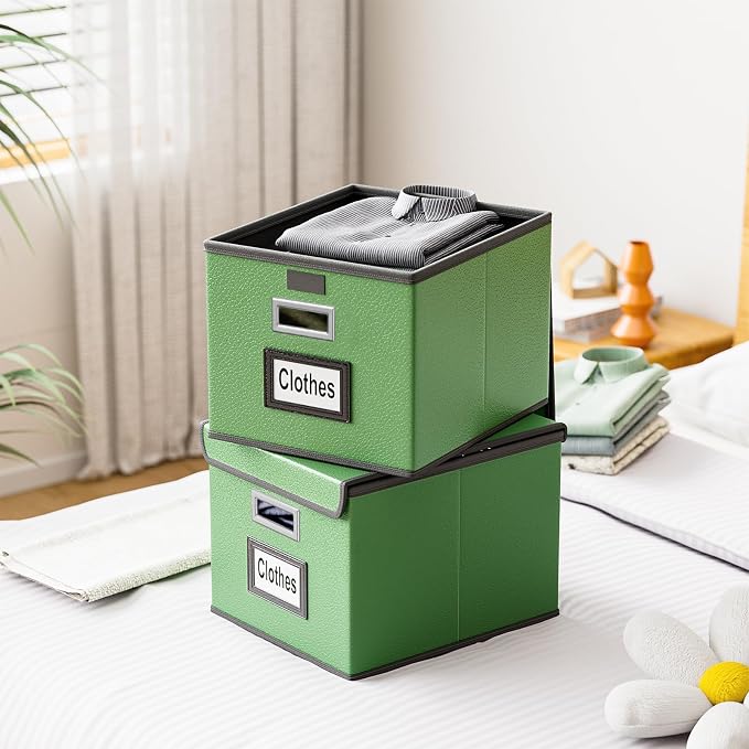 File Organizer Box with Lids, Collapsible File Folder Organizer | File Box with Plastic Slides for Document, Filing Bin for Letter Size Hanging File Folders (1 Pack, Green, Leather) - Image 9