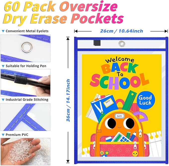 60 Packs Dry-Erase Pockets Bulk Oversized Reusable Dry Erase Pocket Sleeves with 4 Rings, 12 Assorted Colors 10x14 Ticket Holders, Clear Plastic Sheet Protectors, Teacher School Classroom Supplies - Image 2