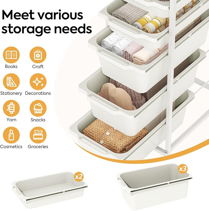 KINGBOARD Slim Rolling Cart with 5 Drawers, Metal Utility Storage Cart | Wooden Tabletop, Lockable Wheels, Table Side Trolley for Bedroom, Children's Room and Office Organization, White - Image 3