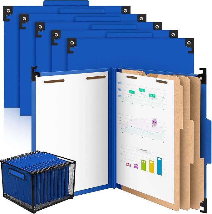 Henoyso 10 Pcs Hanging Classification Folders with Prongs, 3 Divider/ 8 Section, Letter Size, 8 Fasteners, 4 Inch Expansions, 1/3-cut Tab Pressboard File Folder for Office School Medical(Dark Blue) by Henoyso