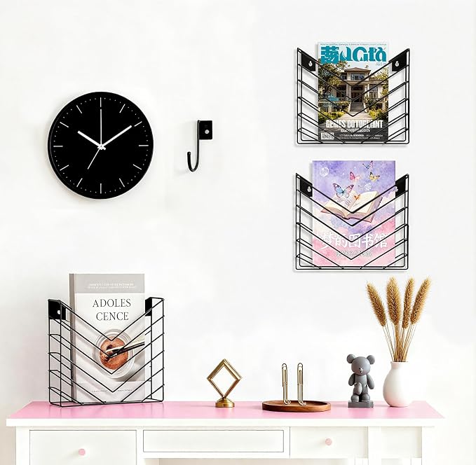 CROISSANT Black Wall Mounted File Organizer,Metal Magazine Basket, Concave Wall Mounted Magazine Rack, Suitable for Hanging File Folders for Office Living Room (Black, 2 Pack) - Image 4