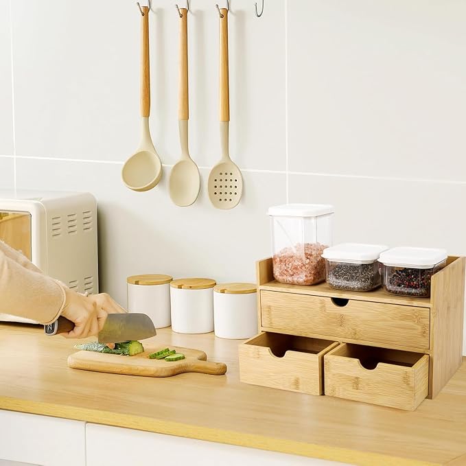 Charmewooden Bamboo Desk Organizer 3 Drawer with shelf, Countertop Organizer with Drawers Makeup Storage Drawer 3 Drawers Tabletop Storage Organization Box Home Office Workspace - Image 2
