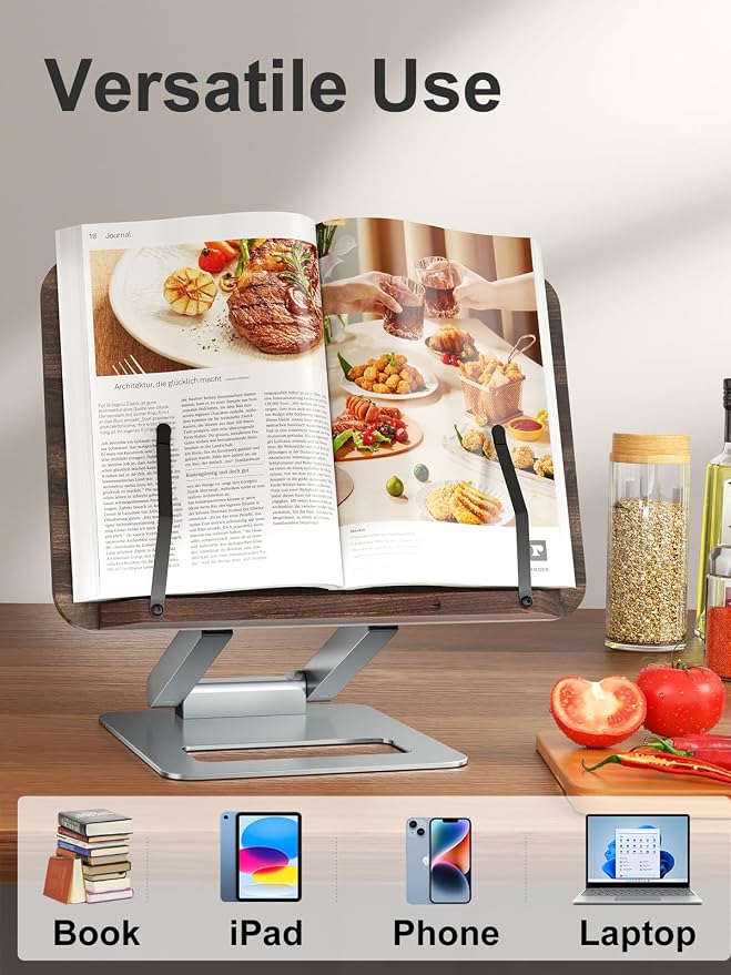 Tounee Book Stand for Reading, Telescopic Book Holder, Adjustable Height Pull Out Design Ergonomic Cookbook Stand with Elastic Page Clips Fits All Books - Image 5