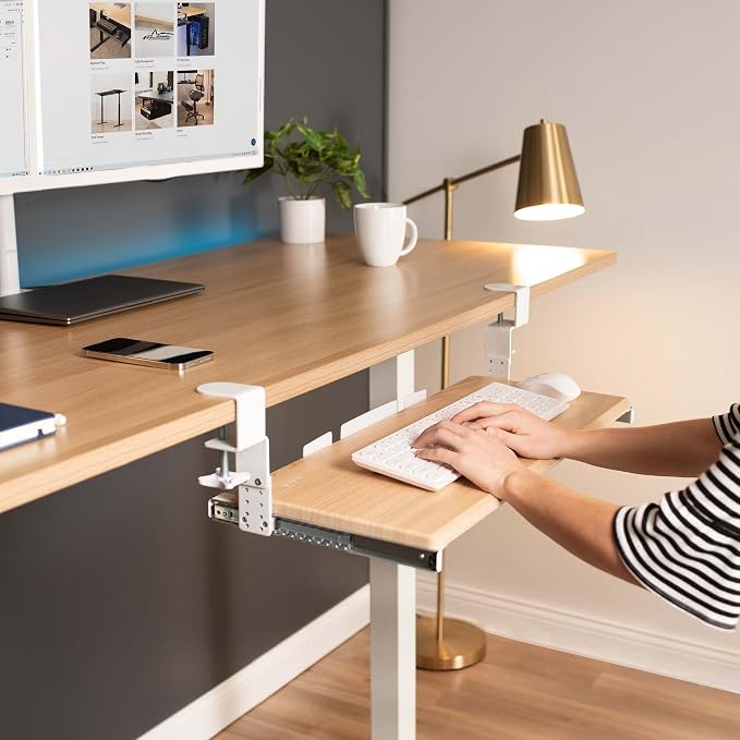 VIVO Large Height Adjustable Under Desk Keyboard Tray, C-clamp Mount System, 27 (33 Including Clamps) x 11 inch Slide-Out Platform for Typing, Light Wood, MOUNT-KB05HA - Image 9
