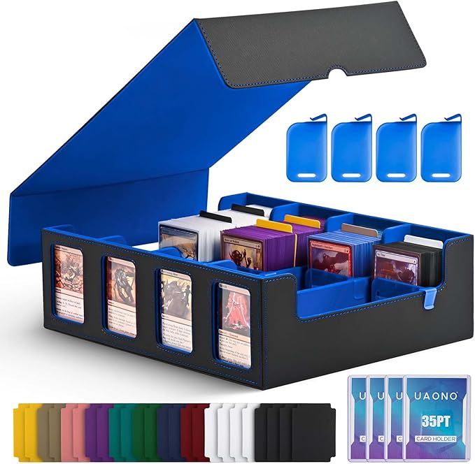 UAONO Trading Card Storage Box with Commander Display, Black Blue | 2400+ Deck Box for MTG with Removable Cover, Top Loaders Card Case Fits Magic TCG PTCG Sports Cards, 24 Dividers, 4 Stoppers by UAONO