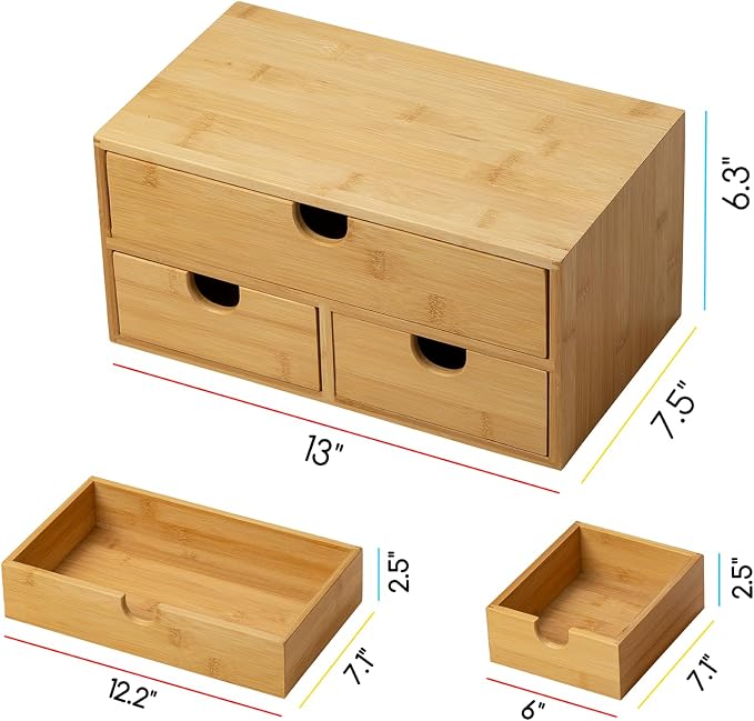 MEEDEN Bamboo Desk Organizer with Drawers: Desktop Storage Drawer Container - Tabletop Storage Organization Box for Office Home Toiletries Supplies - Image 3