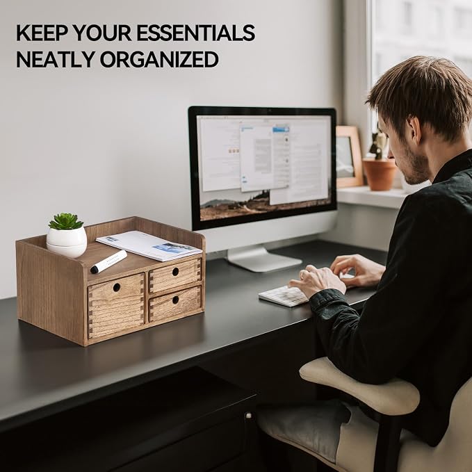 KIRIGEN Wooden Desk Organizer with 3 Drawers and Top Tray, Brown DT1D3C-DBR | 3-Drawer Cabinet with Top Tray Stores Office Supplies, Toiletries, Tools, Crafts, and Small Accessories on Desks or Counters - Image 6