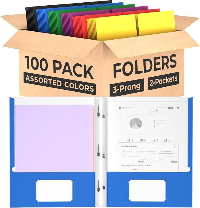 Folders with Pockets and Prongs (100 Pack) 2 Pocket Folders with 3 Prongs for School Paper Folders with Pockets by E-CLIPSUSA