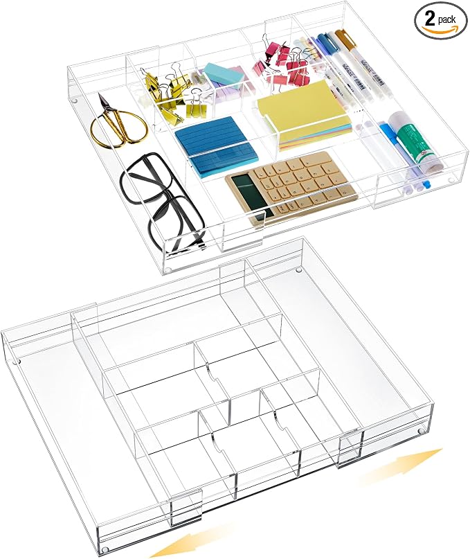 Briwooody 2 Pcs Acrylic Desk Drawer Organizer Maximum 12 x 18 x 2.1 Inch Expandable Drawer Organizer Trays with 8 Adjustable Compartments Desk Accessories for Makeup Silverware Office Bathroom by Briwooody