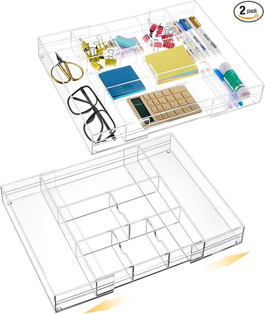 Briwooody 2 Pcs Acrylic Desk Drawer Organizer Maximum 12 x 18 x 2.1 Inch Expandable Drawer Organizer Trays with 8 Adjustable Compartments Desk Accessories for Makeup Silverware Office Bathroom by Briwooody