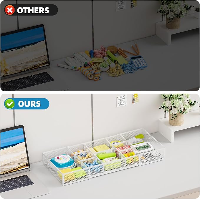 Marbrasse Expandable Desk Drawer Organizer, Mesh Drawer Organizer Tray with 10 Adjustable Compartments, Desk Organizers and Accessories for Office Supplies (Longer Expandable Drawer Organizer-W) - Image 8