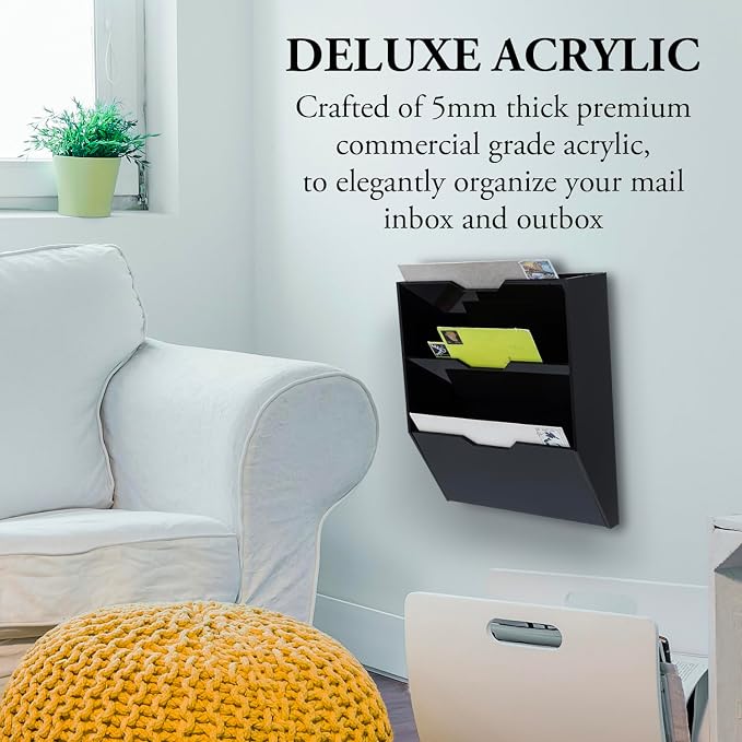 MyGift Wall Mounted 3 Tier Black Acrylic Letter Rack Mail Organizer, Office and Entryway Bills Postcards Brochure Holder Vertical Storage Rack - Image 2