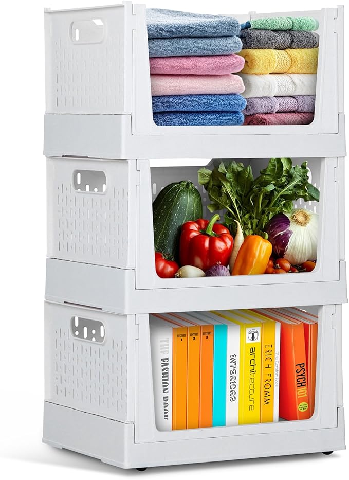 Skywin Foldable Stackable Storage Bins with Wheels, 3 Pack - Ivory | Sturdy Plastic, Easy Stacking, Open Front Access,Shelves Drawer Organizer for Closet Office Bedroom Kitchen Bathroom by Skywin