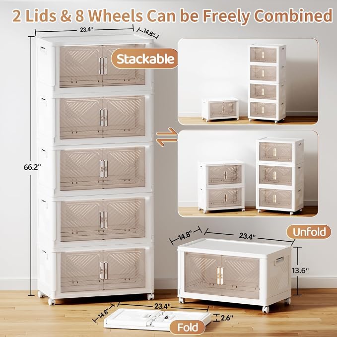 Storage Bins with Lid 76QT, Stackable Storage Containers with Wheels and Magnetic Doors, Plastic Clothes Closet Organizers and Storage Box for Home and Office (5 Pack) - Image 4