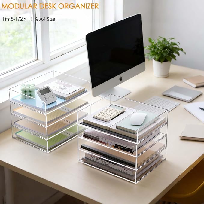 Acrylic Desk Organizer, Stackable Paper Organizer Letter Tray, 4-Tier | Clear Desk Organizers and Accessories, Office Supplies Organizer for Files, A4 Paper, Books, Mails, Office Classroom Home - Image 8