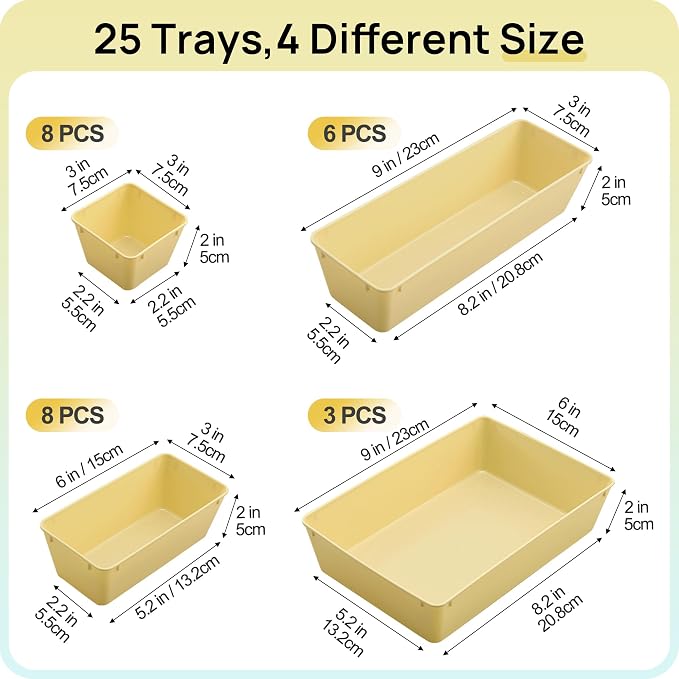 Vtopmart 25 Pack Plastic Drawer Organizers with Non-slip Rubber Pads | 4-Size Versatile Makeup Organizer, Storage Containers Small Bins for Makeup, Jewelries, Bedroom, Kitchen Utensils and Office - Image 2