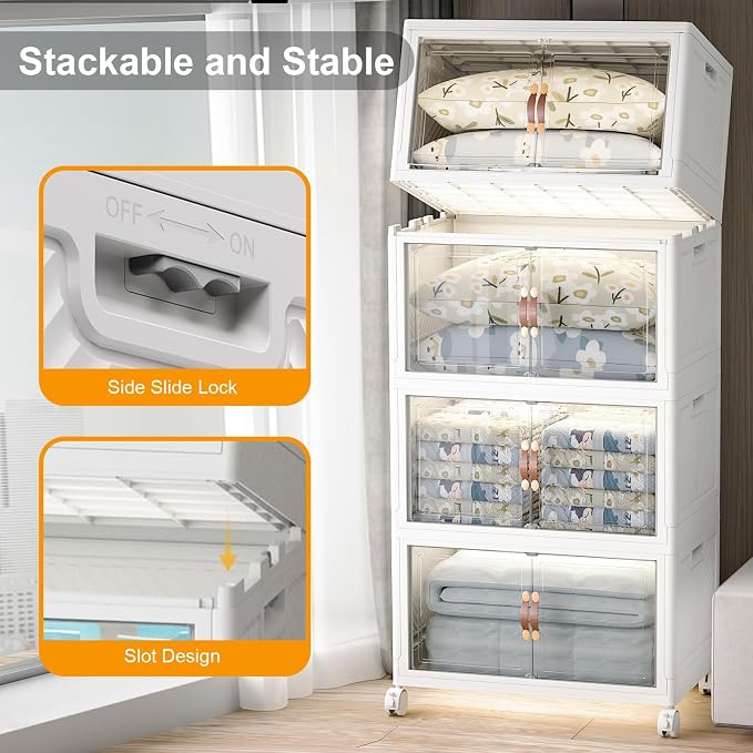 Stackable Storage Bins, 1440QT Collapsible Drawers with 2 Lids | Large Capacity, Magnetic Door, Stack Lock, Rolling Wheels, Foldable Design, Organizers and Storage for Bedroom Dorm Garage - Image 4