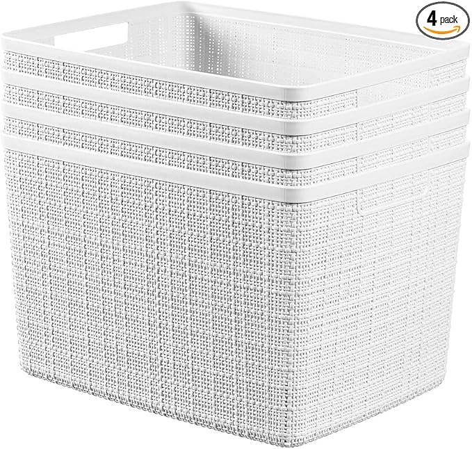 Curver Set of 4 Large 20L Jute Decorative Plastic Organization and Storage Baskets - Perfect Bins for Home Office, Closet Shelves, Kitchen Pantry and All Bedroom Essentials, White by Unknown