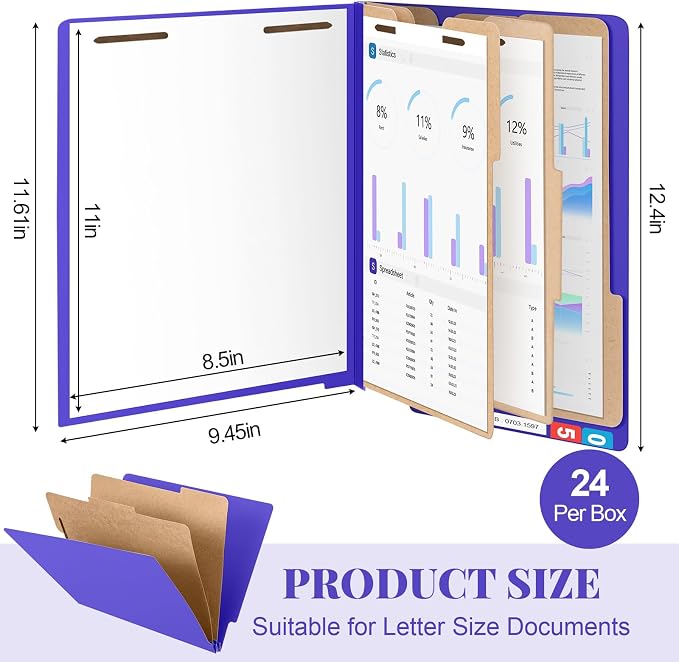 Skyygemm 24 Pack Classification Folders, Letter Size,3 Dividers,Purple | Pressboard File Folders, 2 Prong Fasteners, 3" Expanding, Manila, End Tab, for Office School Legal Records Medical - Image 2