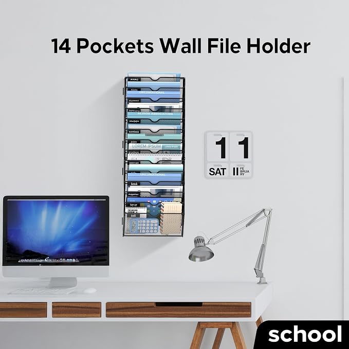 14-Tier Wall File Organizer and Hanging File Organizer, Black, 2Pack | Wall Organizer and Wall Mounted File Holder with 14 Pockets and Label Panels for Files, Mail, Folders, Magazines and Paper - Image 7