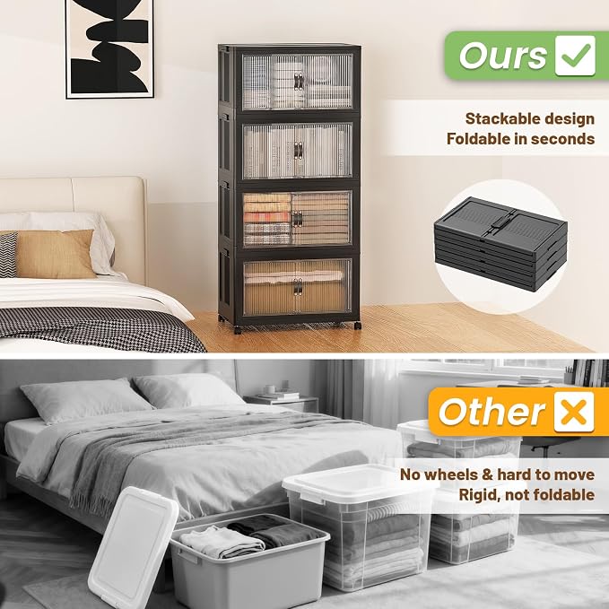 SAILUN 140Qt Stackable Storage Bins,Storage Cabinet with a Lid,4 Pack Black | Stackable Storage Drawers with Lids,18" W x 11" D x 41" H,Featuring open-front Access for Clothes and Closet Storage - Image 2