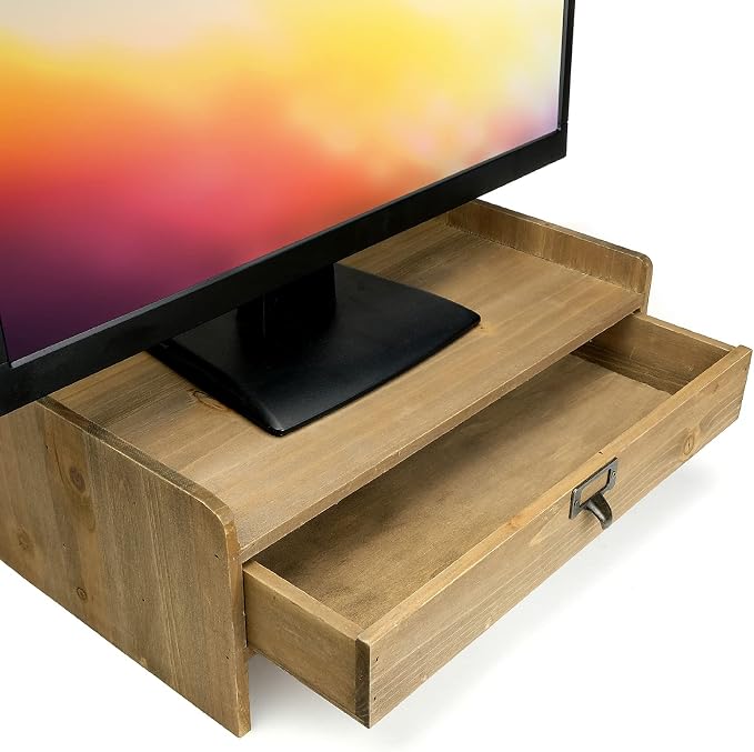 Excello Global Products Wooden Monitor Stand: Includes Drawer for Desktop Organization of Notebooks, Pens, Pencils & Office Supplies (Brown) - Image 2