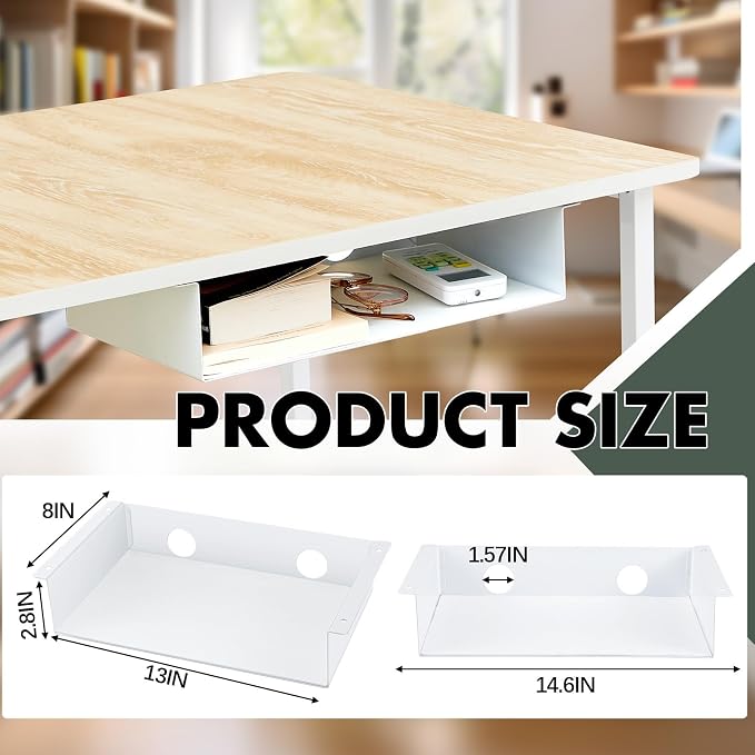 Yaocom 2 Pack 13 Inch Under Desk Hanging Shelf, Carbon Steel Storage Tray with Mute Felt Sheets, Mount Shelves Organizer for Office Home Workstation Gaming Stand Up(13x8x2.8 in/Storage Shelf, White) - Image 2