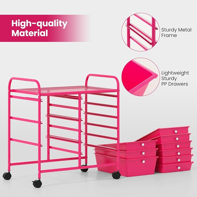 Giantex 9 Drawers Rolling Cart, Classroom Organizers, Storage Cart with Wheels, for Teacher Office Home School Supplies Tool Craft Art Paper, Hot Pink - Image 7