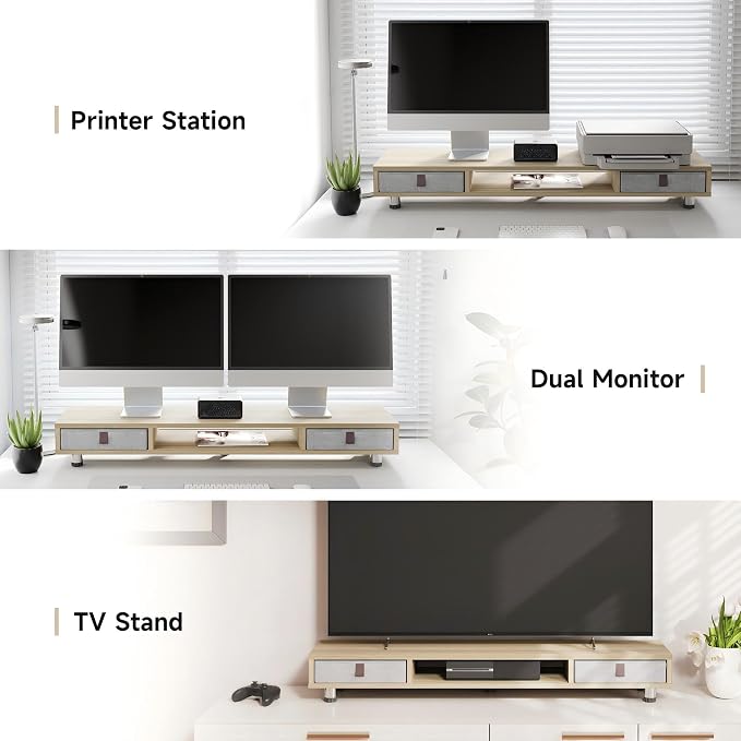 Fenge Dual Monitor Stand, 2-Tier Desk Organizer with Drawers, 42.5in, Oak | Storage Fabric Drawer, Ergonomic Height Adjustable, Desk Shelf for Top of Desk, Laptop, PC, TV, Home Office Organization - Image 5