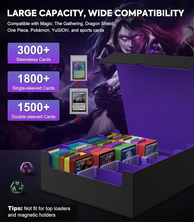 MoKo Trading Card Storage Box for MTG, 3000+ Card Organizer, Black Purple | MTG Deck Box, w/ 24 Colorful Dividers & 4 Card Supporters, MTG Card Storage for Magic Game, TCG, PTG Baseball and Sport Cards - Image 3