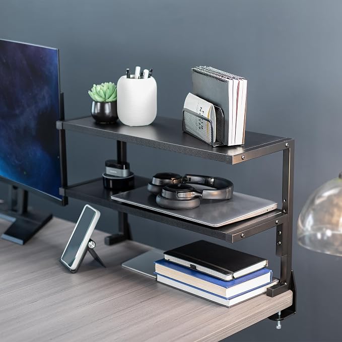 VIVO Black Clamp-on 24 inch 2-Tier Desk Shelf, STAND-SHELF24C | Above or Below Desk, 2 Level Shelving Unit for Table Accessories, Gaming Devices, and More, Storage Tray, Desktop Organizer - Image 2