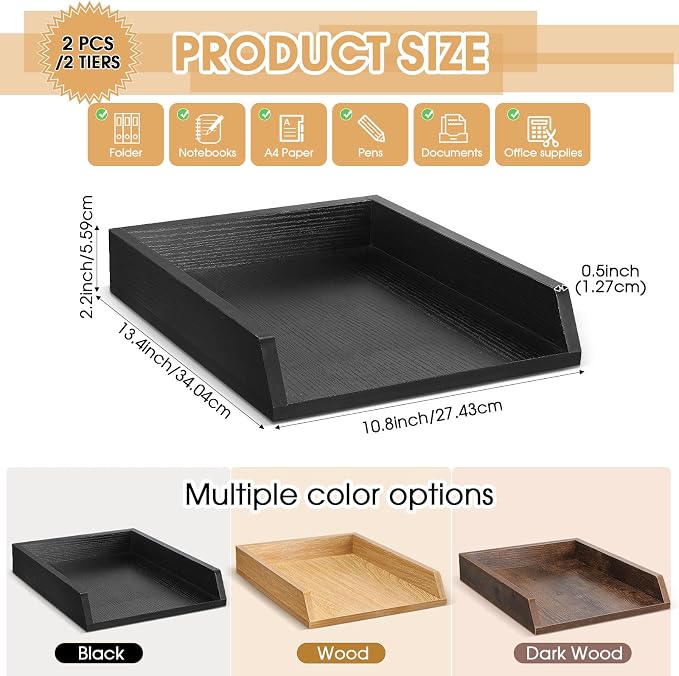 DoubleFill 2 Pcs Wooden Letter Trays 2 Tier Desktop Paper Organizer Wood Letter-Size Desk Document Tray Heavy Duty Stackable Paper Drawer Holder File Folder Back to School Office Home (Black) - Image 2