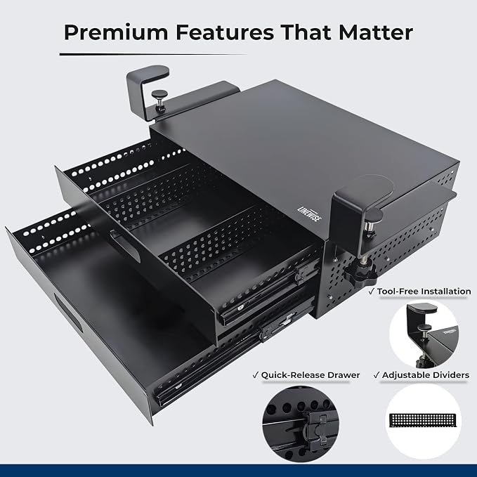 Clamp-On Under Desk Drawer Slide Out - No-Drill Metal Storage, LINEWISE | Also works as an under-table storage drawer, organizer, or attachment - installs in minutes, no tools, no damage. - Image 5