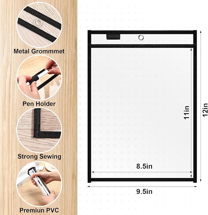 Nezyo Dry Erase Pockets Plastic Job Ticket Holders Shop Holder Order Pockets Clear Sleeves Tickets Folders Plastic Sleeves Paper Teacher Supplies for Classroom(12 x 9.5 in,Black,50 Pcs) - Image 2